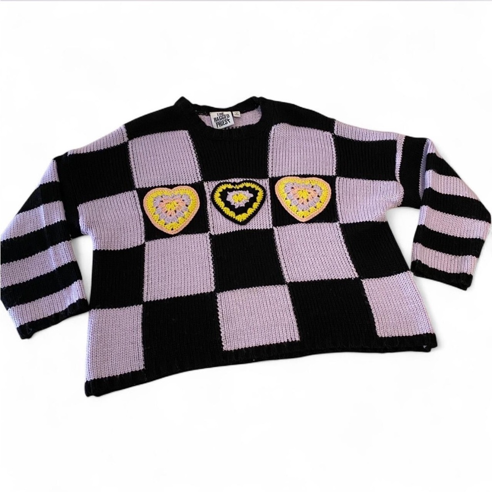 Ragged Priest Buddy Hearts Purple and Black Crewneck Knit Sweater - Picture 2 of 8